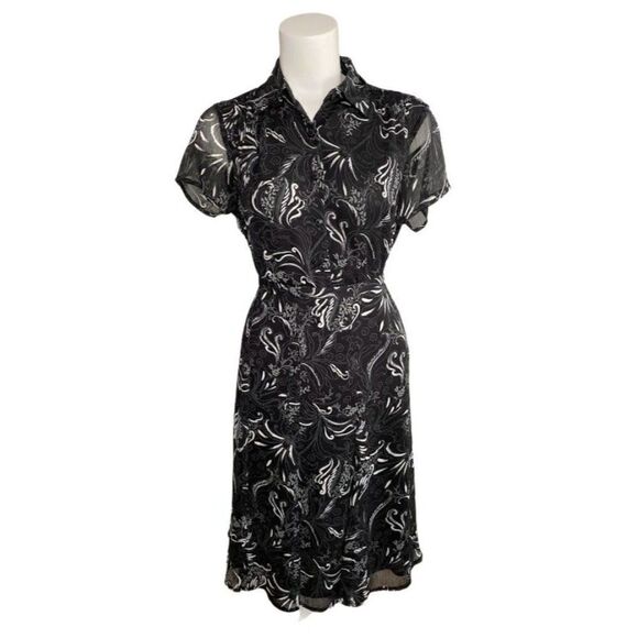 SAG HARBOR Black White Floral 2 Pc Button Down Top MP & A Line Skirt 6P Petite - Picture 1 of 10